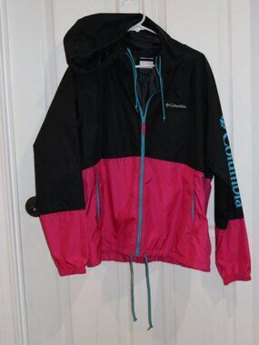 Columbia black, pink, teal hooded windbreaker. New. XL..